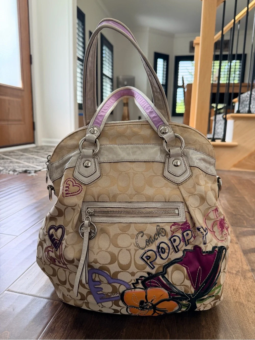 Coach Beige Signature Canvas Floral Poppy Satchel with Purple Accents